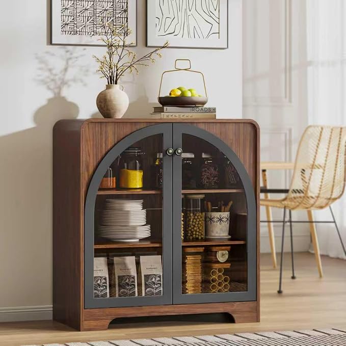 Storage Cabinet with Arched Glass Doors and Adjustable Shelves, Buffet - Image 3