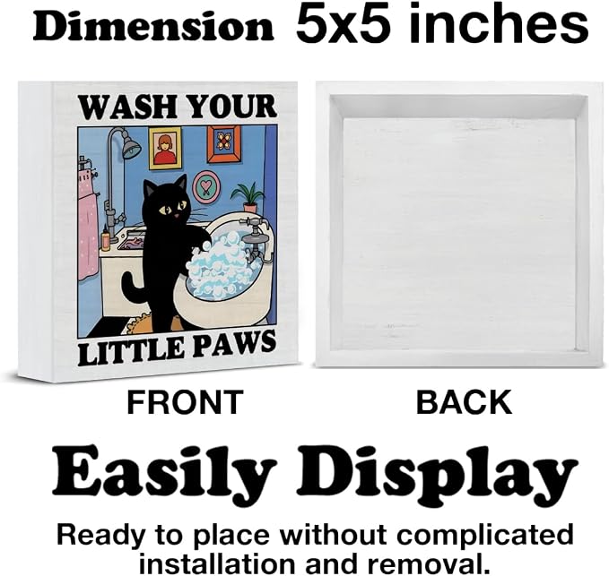 Funny Bathroom Decor Wash Your Little Paw Cute Black Cat Wood Block Sign Decor - Image 2