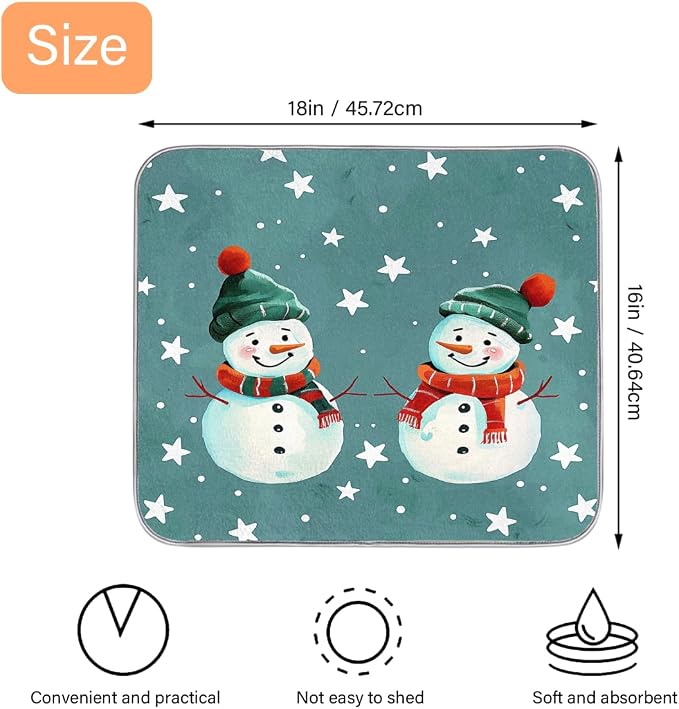 Cute Cartoon Snowman Green Dish Drying Mat, Kitchen Counter Quick Dry Pads - Image 2