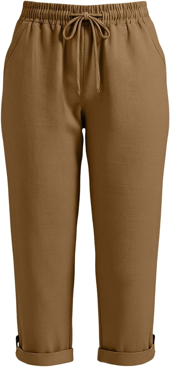 Drawstring Capri Linen Pants Women Elastic Waist Straight Leg Pant Summer Beach - Image 6