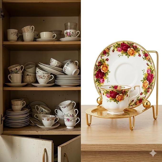 HOHIYA Gold Tea cup and Saucer Display Stand 6 Cup Holder Rack Decorative - Image 6