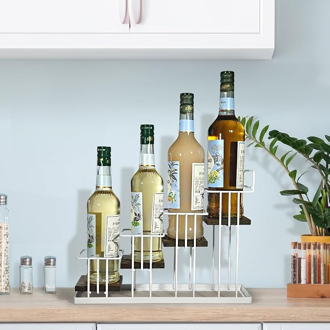 J JACKCUBE DESIGN Syrup Bottle Holder Rack, Rustic Wood and White Metal Wire 4 - Image 2