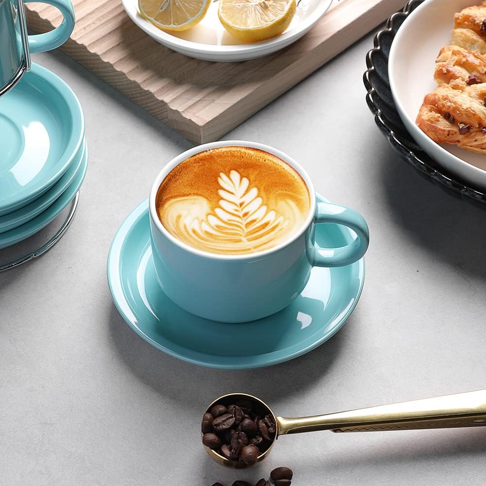 Sweejar Porcelain Cappuccino Cups with Saucers and Metal Stand, 8 Ounce Stackable Espresso Cups for Specialty Coffee Drinks, Latte, Americano, Tea - Set of 4 (Jade)