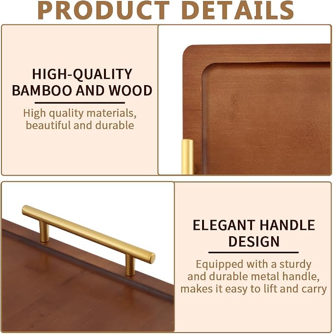 Bamboo Serving Tray with Metal Handles | Home Decorative Rectangle Ottoman - Image 6