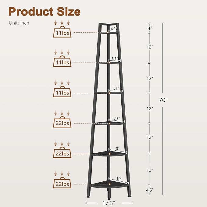 Hoctieon Corner Shelf, 6-Tier Corner Bookshelf, Rustic Ladder Shelf, Industrial - Image 2
