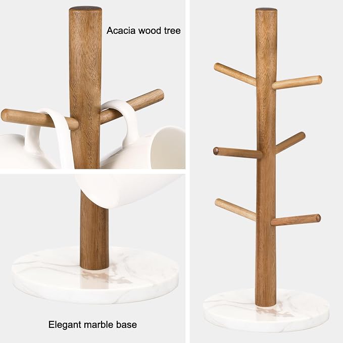 Buruis Wood Mug Holder, Marble Base Cup Rack Tree, Mug Stand Hanger, Kitchen - Image 3