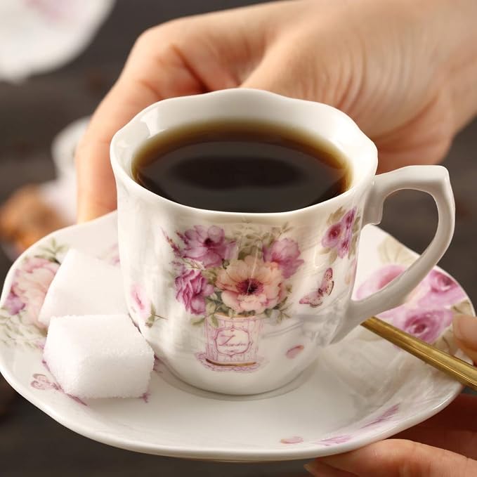 GuangYang 2.5 oz Porcelain Espresso Cups and Saucers Set – Floral Design - Image 4