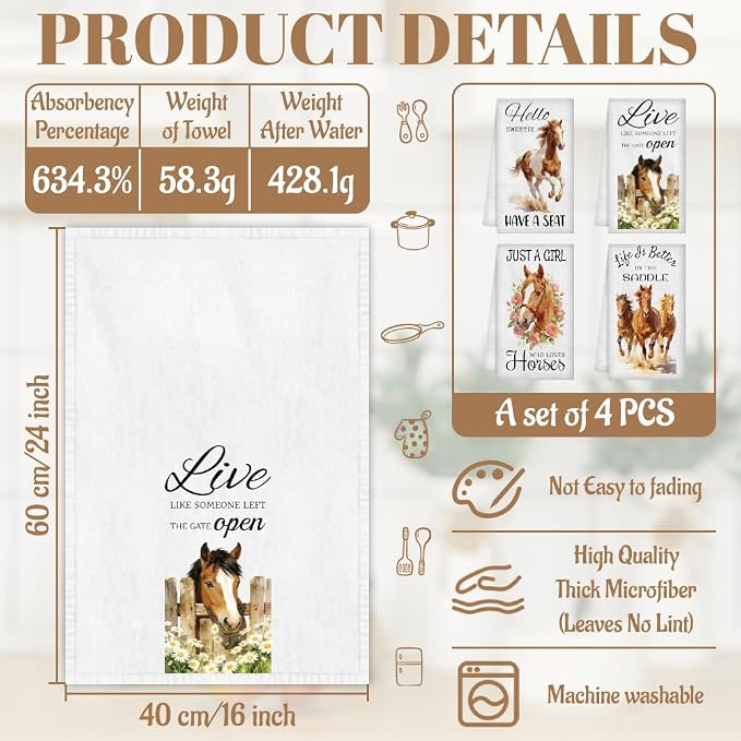 WADORN 4 Styles Western Horse Kitchen Towels, Cool Horse Gifts - Image 2