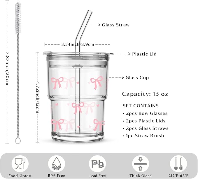 INSETLAN 13oz Bow Decal Glass Tumblers Set of 2, Thick Wall Glass Cups - Image 3