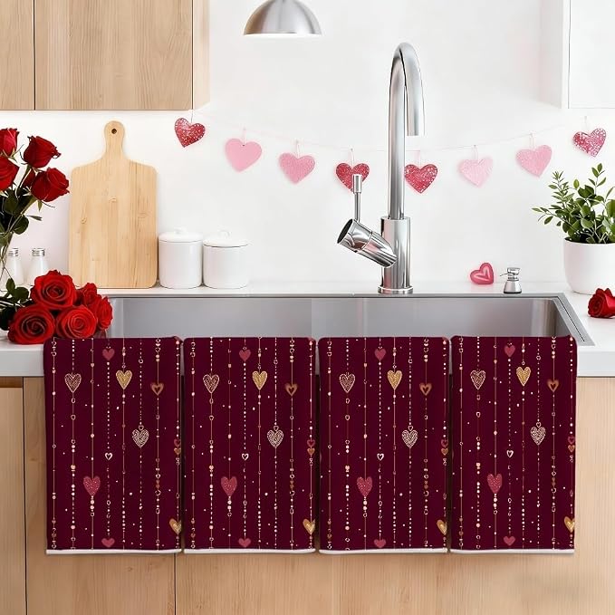 Hearts Kitchen Towels Set of 4, Romantic Modern Strings Dots Valentine's Day - Image 4