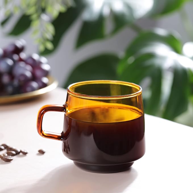 Joeyan Amber Glass Coffee Mugs Set of 2-10 oz Glass Stackable Coffee Cups - Image 2