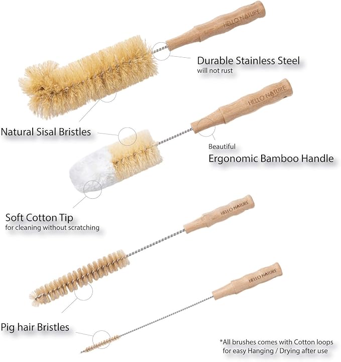 4 Pcs Bamboo Bottle Brush Set by HELLO NATURE – Long Handle Cleaning Brushes - Image 7