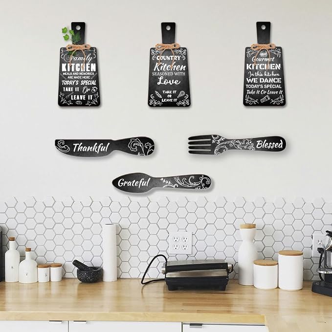 PH PandaHall 6pcs Cutting Board Eat Sign Set Black and White Chalk Text Wooden - Image 5