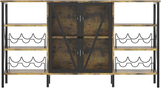 55" Wine Bar Cabinet with LED Light, Wine Rack & Glass Holder, Mesh Doors & - Image 7