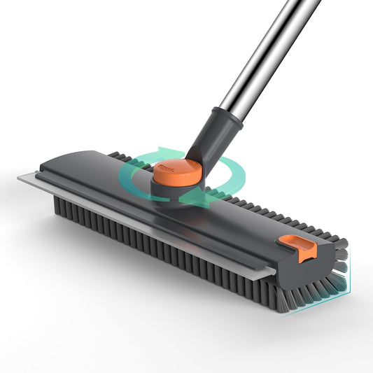 Floor Scrub Brush with Long Handle Length Adjustable, 3 in 1 Heavy-Duty Stiff 90° Bristle Floor Scrubber Broom with Squeegee, Cleaning Brush for Bathroom, Garage, Kitchen, Tile, Deck & Patio (Gray)