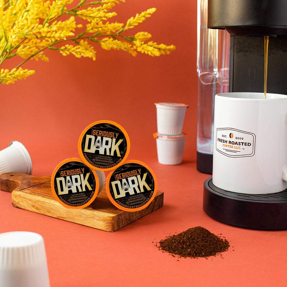 Fresh Roasted Coffee, Seriously Dark, Artisan Blend, Dark Roast, 24 Pods for K Cup Brewers