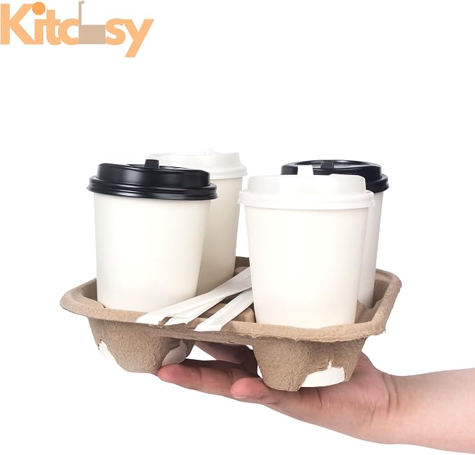 4-Cup Disposable Drink Carrier Tray, Molded Fiber Cup Holder, Coffee Carrier - Image 2