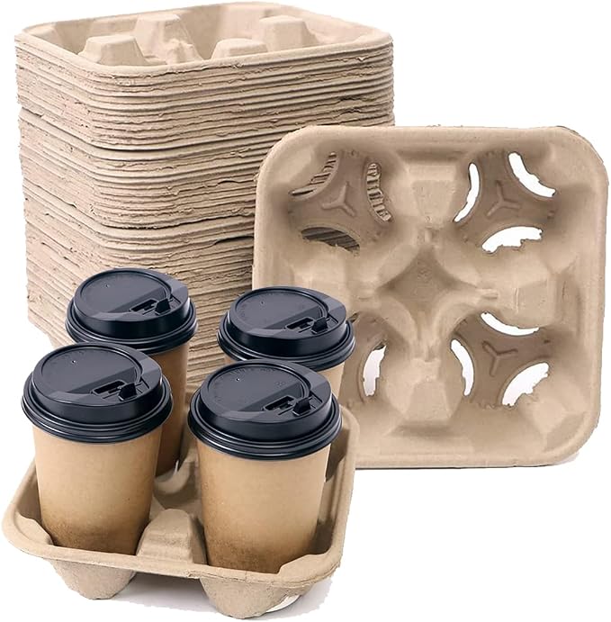 Disposable Compostable Drink Carriers, 100 Pack | Paper Pulp Cup Holder by UBozeuiv