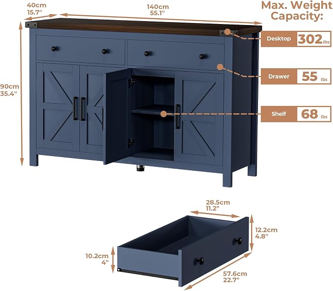 VVFLU 55'' Buffet Cabinet with Storage, Farmhouse Kitchen Storage Cabinet with - Image 3