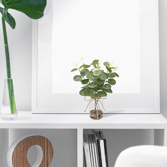 2 Pack Artificial Eucalyptus Stems in Glass Vases, Small Faux Plants - Image 6
