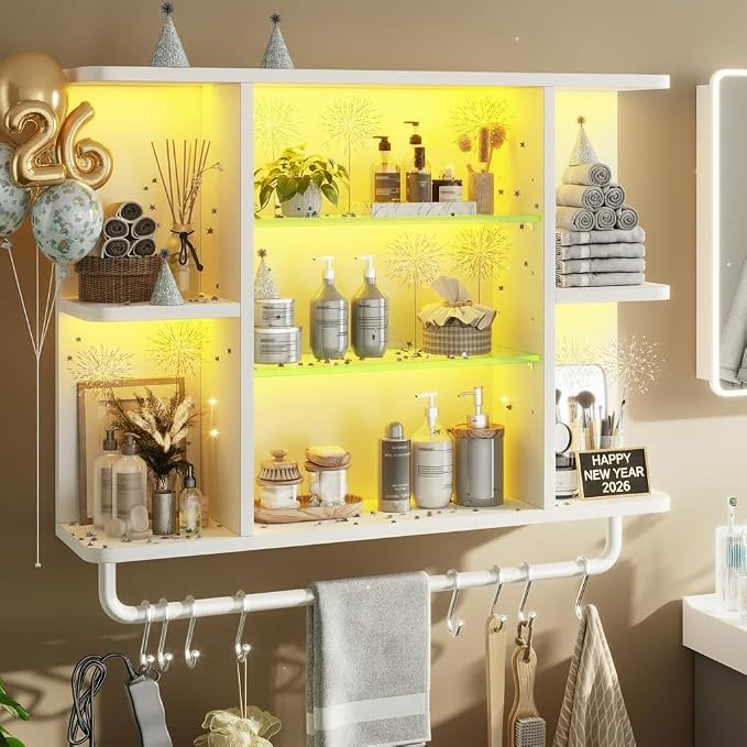 REIBII Floating Shelves with LED Lights, 7-Tier Wood Shelf, Wall Mounted by REIBII