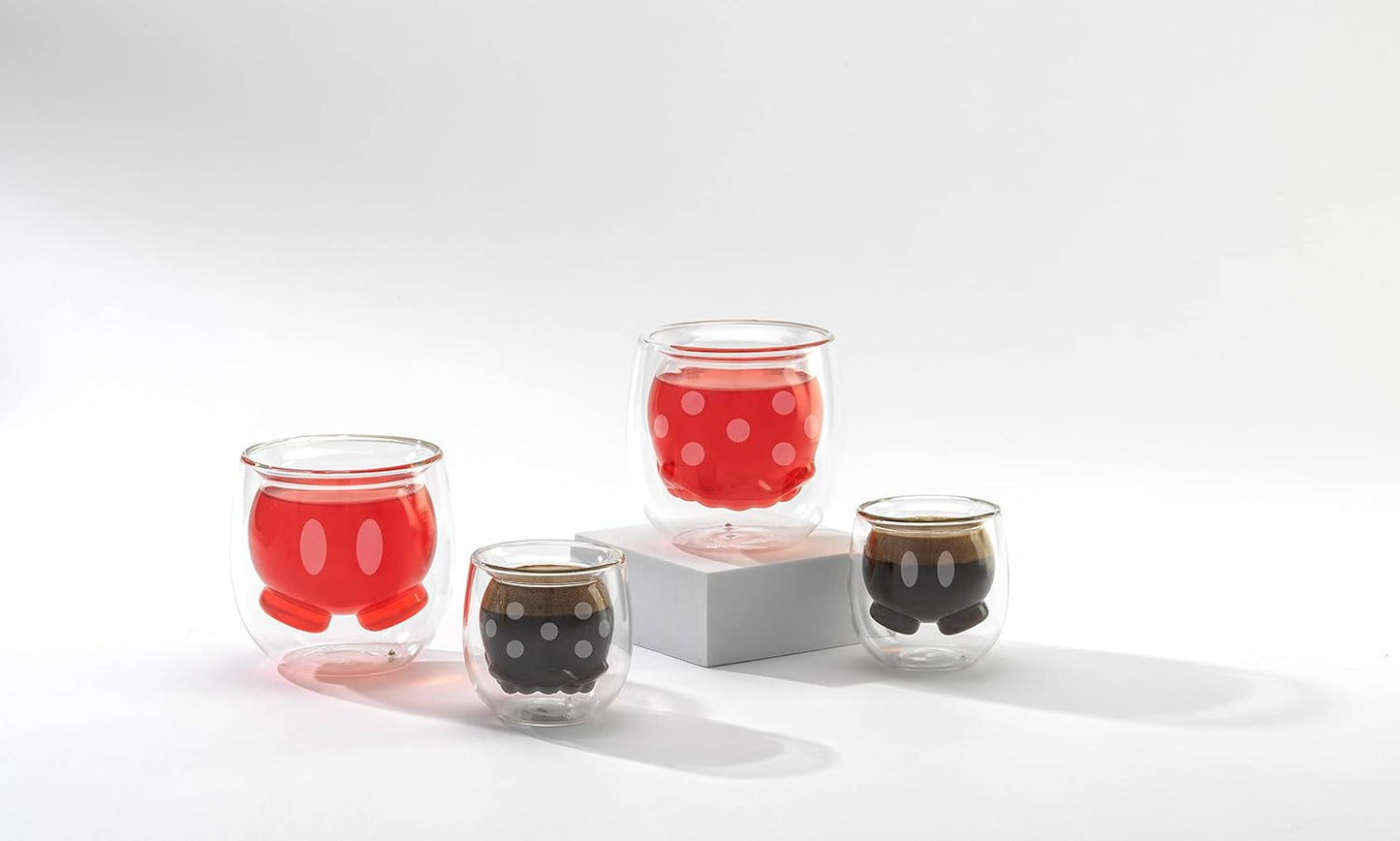 JoyJolt Mickey Pants and Minnie Skirt 3D 7.4oz Double Wall Glass Coffee Cups Set of 2, Disney Coffee Mug, Espresso and Tea Cups, Collection of Double Wall Glasses, Disney Gifts