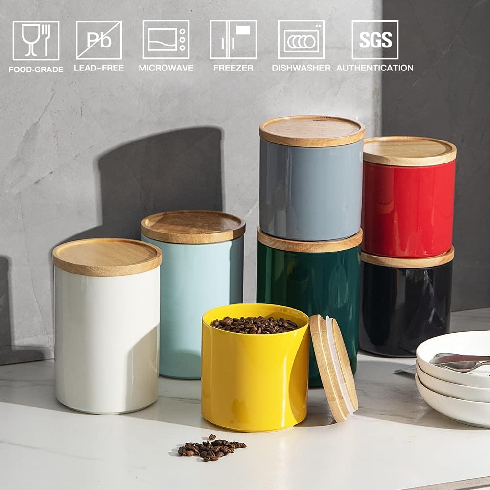 Sweejar Kitchen Canisters Ceramic Food Storage Jar, Stackable Containers with Airtight Seal Wooden Lid for Serving Coffee Bean, Flour, Tea, Cookies and More - 58 Fl Oz(Black)