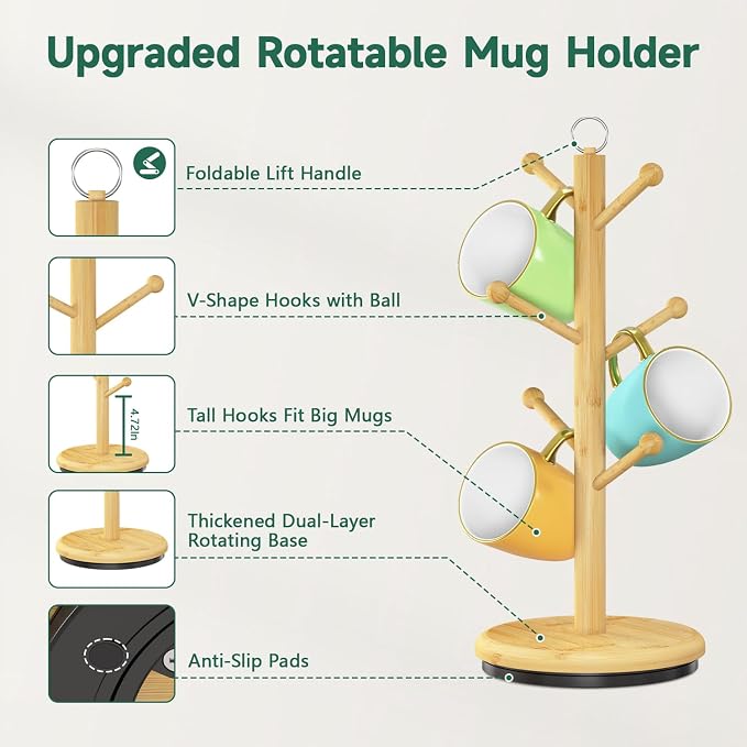 EsLuker.ly Mug Holder Tree Bamboo 360° Rotating Coffee Cup Display Rack - Image 4
