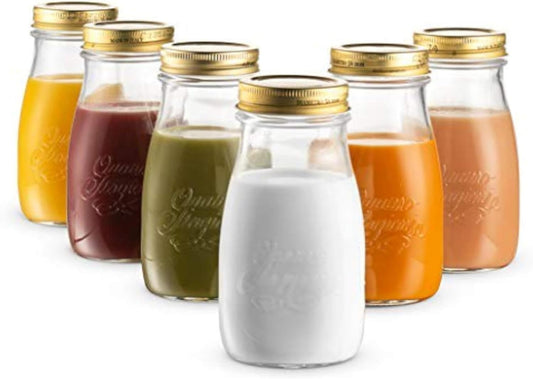 Bormioli Rocco Quattro Stagioni Small Bottles, Set of 6-6.75 Oz. Embossed Reusable Glass Jars with Airtight Lid, For Food Prep, Sauces, Gifts & Crafts - Round Bottle Containers, Made in Italy