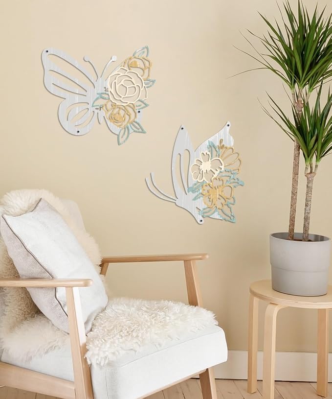 Putuo Decor 2 Pieces Butterfly Metal Wall Decor Floral Iron Wall Sculptures - Image 3