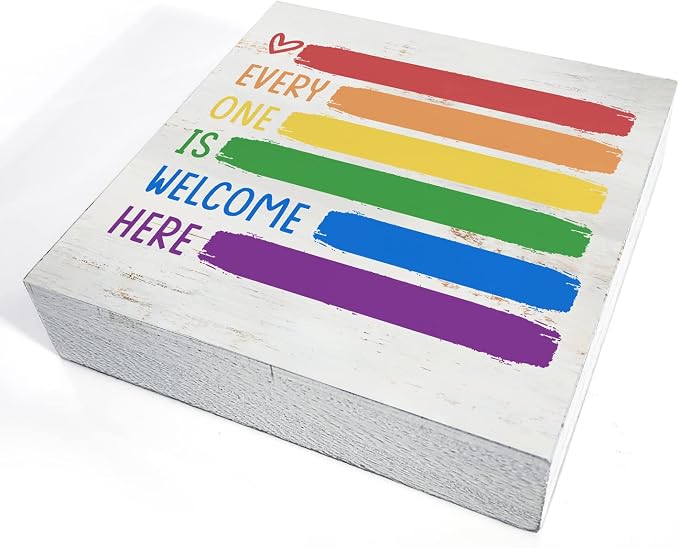 Every One is Welcome Here Wood Box Sign Decor Rustic Pride Rainbow Quote Wooden - Image 3