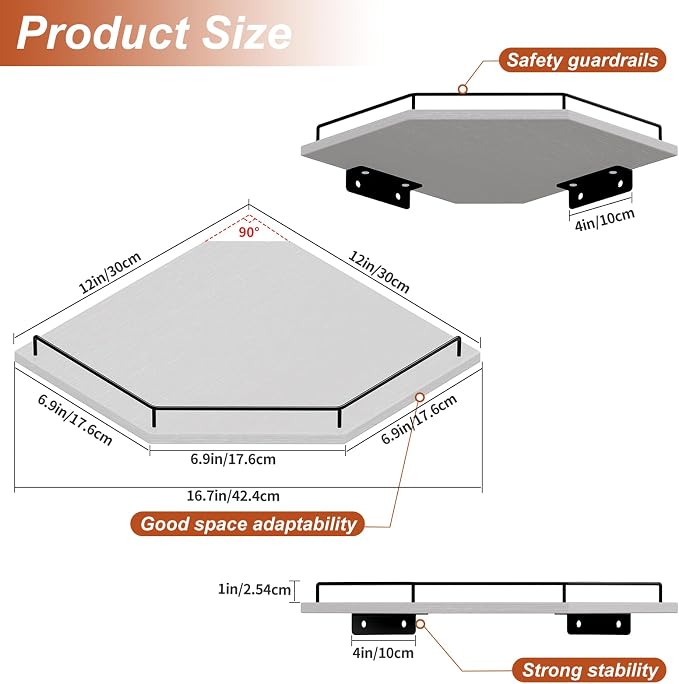 JJL Corner Shelf Wall Mounted, 12 Inches 3-Tier Floating Corner Shelf - Image 3