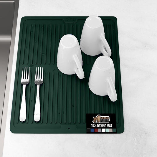 GORILLA GRIP 100% BPA-Free Silicone Dish Drying Mat for Kitchen Counter, Quick Dry, Water Catching Ribbed Design, Easy Clean Waterproof Sink Liner, Heat Resistant, Fits Under Rack, 16x12, Hunter Green