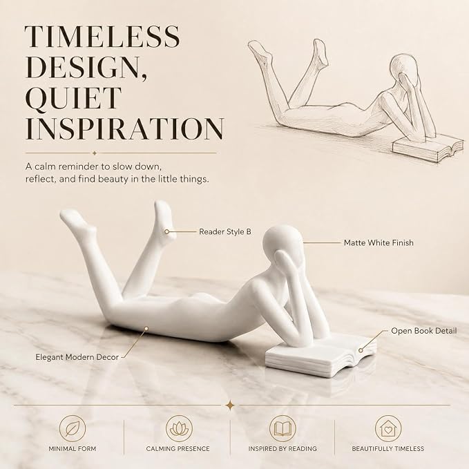 White Reading Statue Style B, Abstract Reader Figurine, Resin Book Decor - Image 7