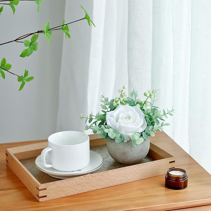 Small Artificial White Rose Potted Plant, Mini Faux Floral Arrangement - Image 7