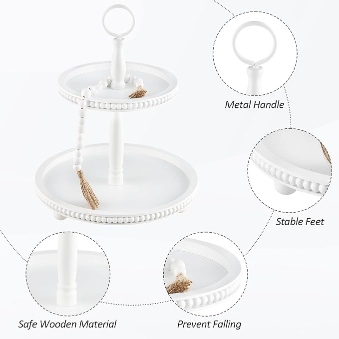 Beaded Tiered Tray Stand, Rustic Wooden 2 Tier Decorative Tray - Image 4