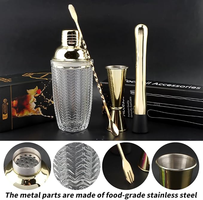 Gold Cocktail Shaker Set with Measuring Jigger, Mixing Spoon & Muddler – Home - Image 6