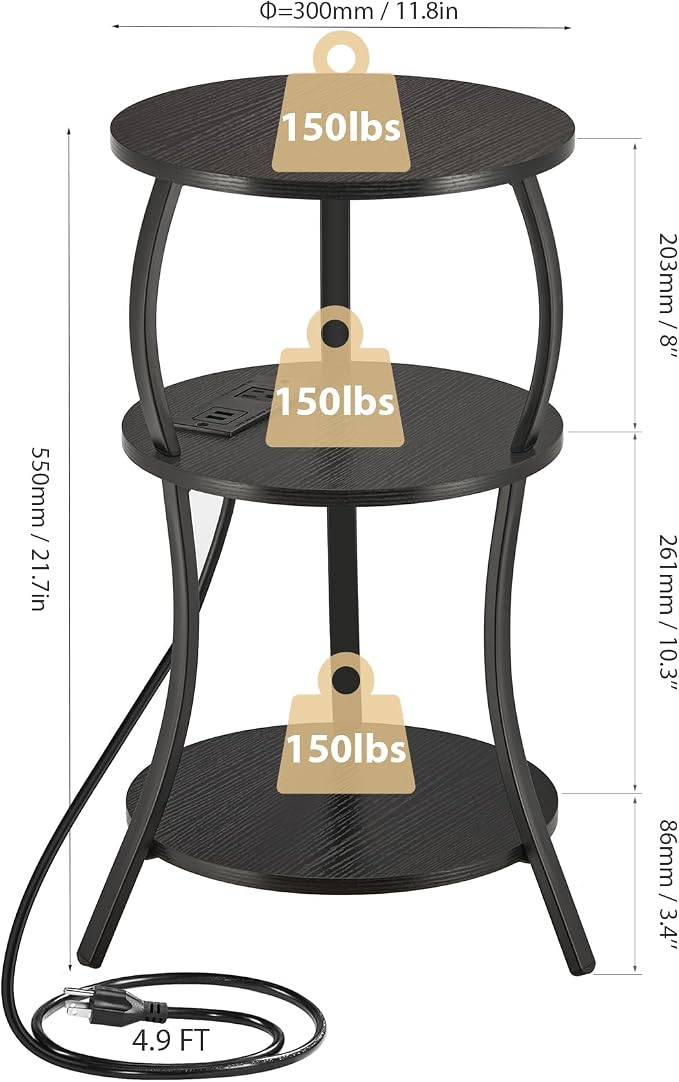 Small Round Side Table with Charging Station, 3-Tier Waist Circular End Table - Image 3