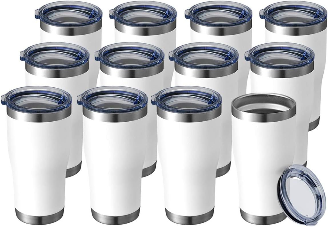 HASLE OUTFITTERS 20 oz Tumbler Bulk, Stainless Steel Tumblers with Lid, Vacuum Insulated Tumbler, Double Wall Powder Coated Cup, coffee mugs, White, 12 Pack