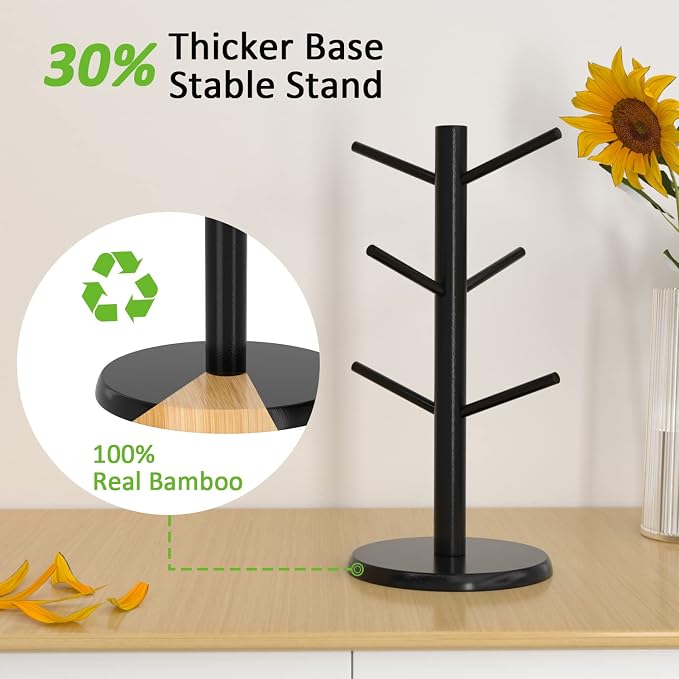 Wisuce Black Coffee Mug Tree Bamboo Mug Holder Coffee Cup Stand Mug Holders - Image 5