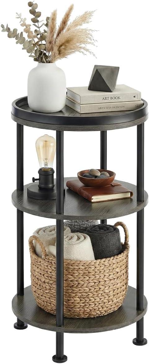 Small Round Side Table, Rustic Grey End Table by Zexvida