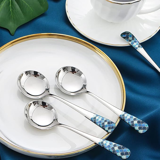 Stainless Steel Coffee Round Spoon, Korean Dessert Spoon, Fish Scale Pattern - Image 5