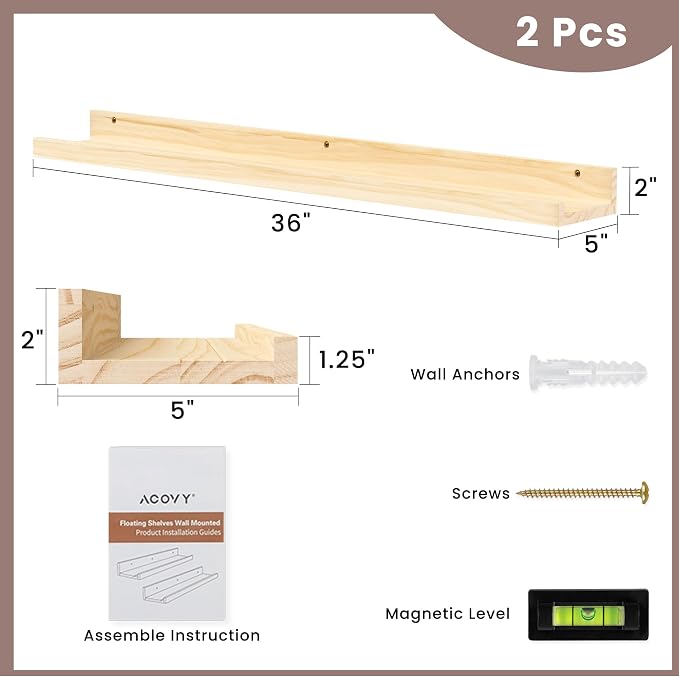 Floating Shelves for Wall, 36 inch Solid Wood Picture Ledge Shelf, Picture - Image 3