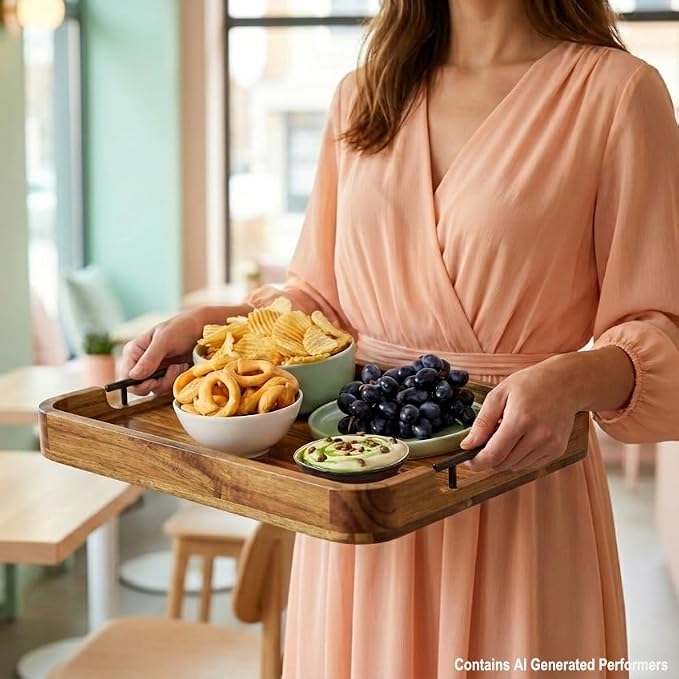 ZUJJAFY Serving Tray with Metal Handles, 17 x 13 in Acacia Wood Tray - Image 2