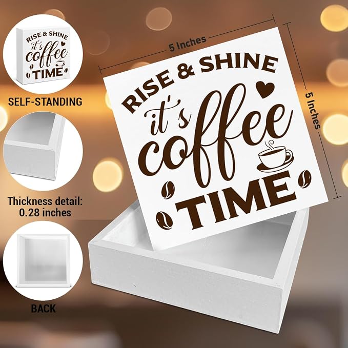Coffee Bar Decor, Farmhouse Cafe Wooden Sign, Rise & Shine It's Coffee Time - Image 2
