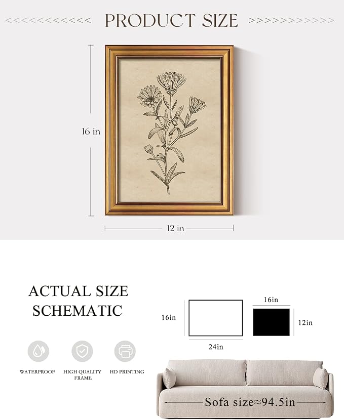 ARPEOTCY Gold Framed Canvas Art Prints, Botanical Wildflower Art Painting - Image 3