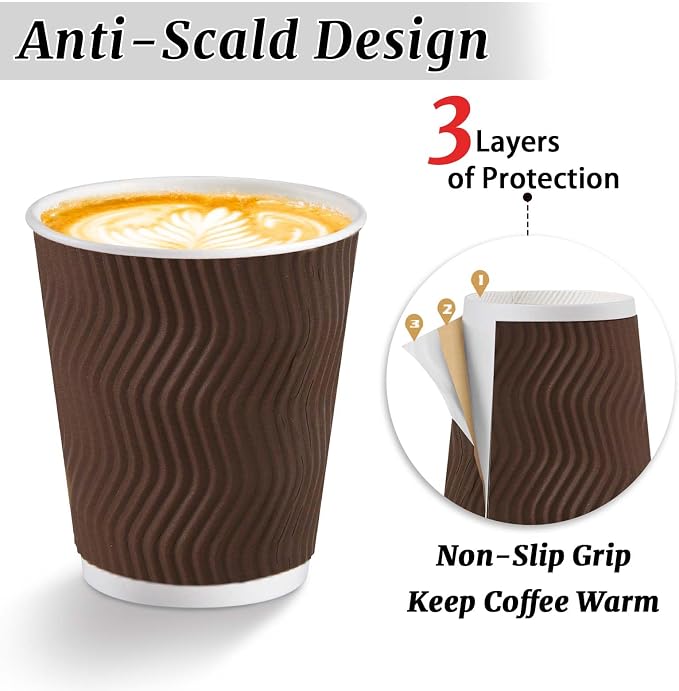 Clawsoff 150 Pack 8 oz Coffee Cups, Disposable Corrugated Insulated Ripple Wall - Image 3