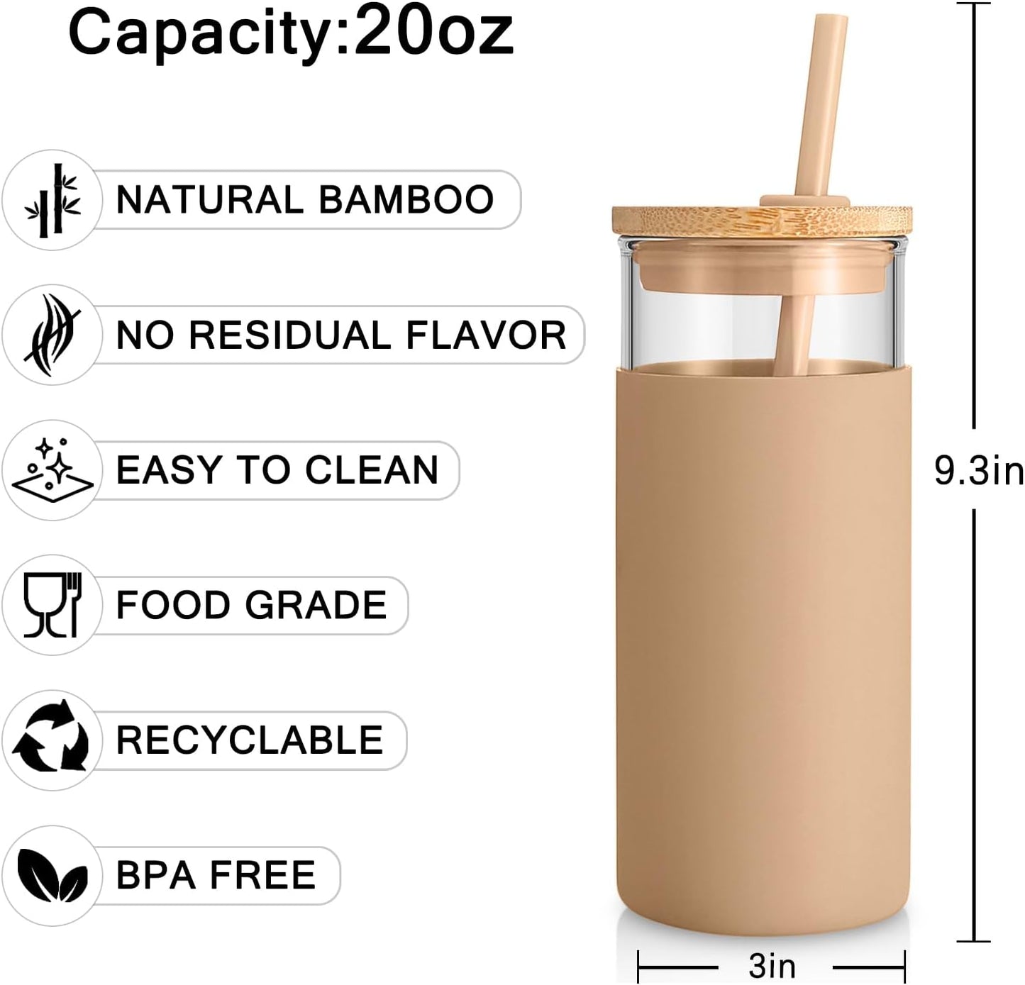 Tronco 20 oz Glass Tumbler with Lid & Straw - Iced Coffee Cup & Smoothie Cup With Silicone Sleeve | BPA-Free, Dishwasher Safe | Reusable Glass Cups with Bamboo Lids and Straws (Pink, 1 Count)