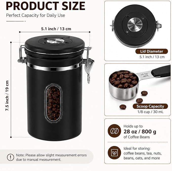 Black Coffee Canister Airtight 22oz Stainless Steel Coffee Bean Storage - Image 2