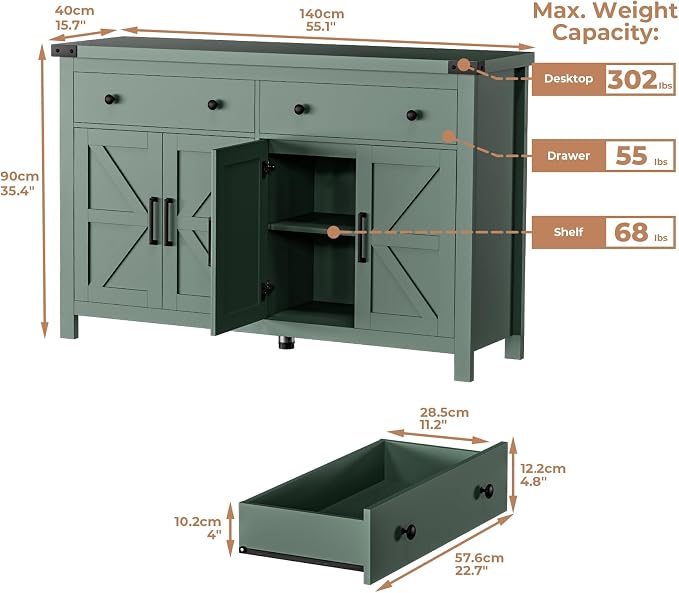 VVFLU Buffet Cabinet with Storage Farmhouse with 4 Doors and 2 Drawers - Image 3